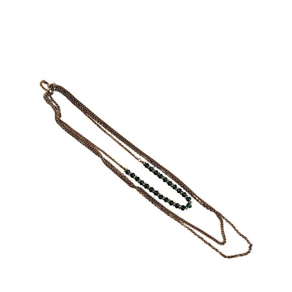 Vintage Three Strand Gold Chain and Green Glass Bead Necklace - Picture 3 of 5